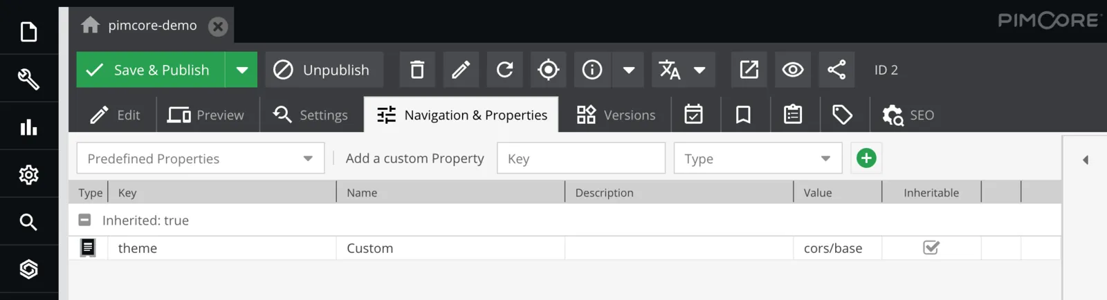 Pimcore-Dokument, Reiter Navigation & Properties: Eigenschaft theme mit dem Wert cors/base