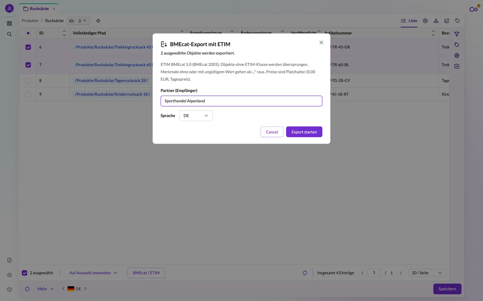 Produktliste in Pimcore Studio mit zwei ausgewählten Rucksäcken und geöffnetem Dialog BMEcat-Export mit ETIM: Partner Sporthandel Alpenland, Sprache DE, Button Export starten