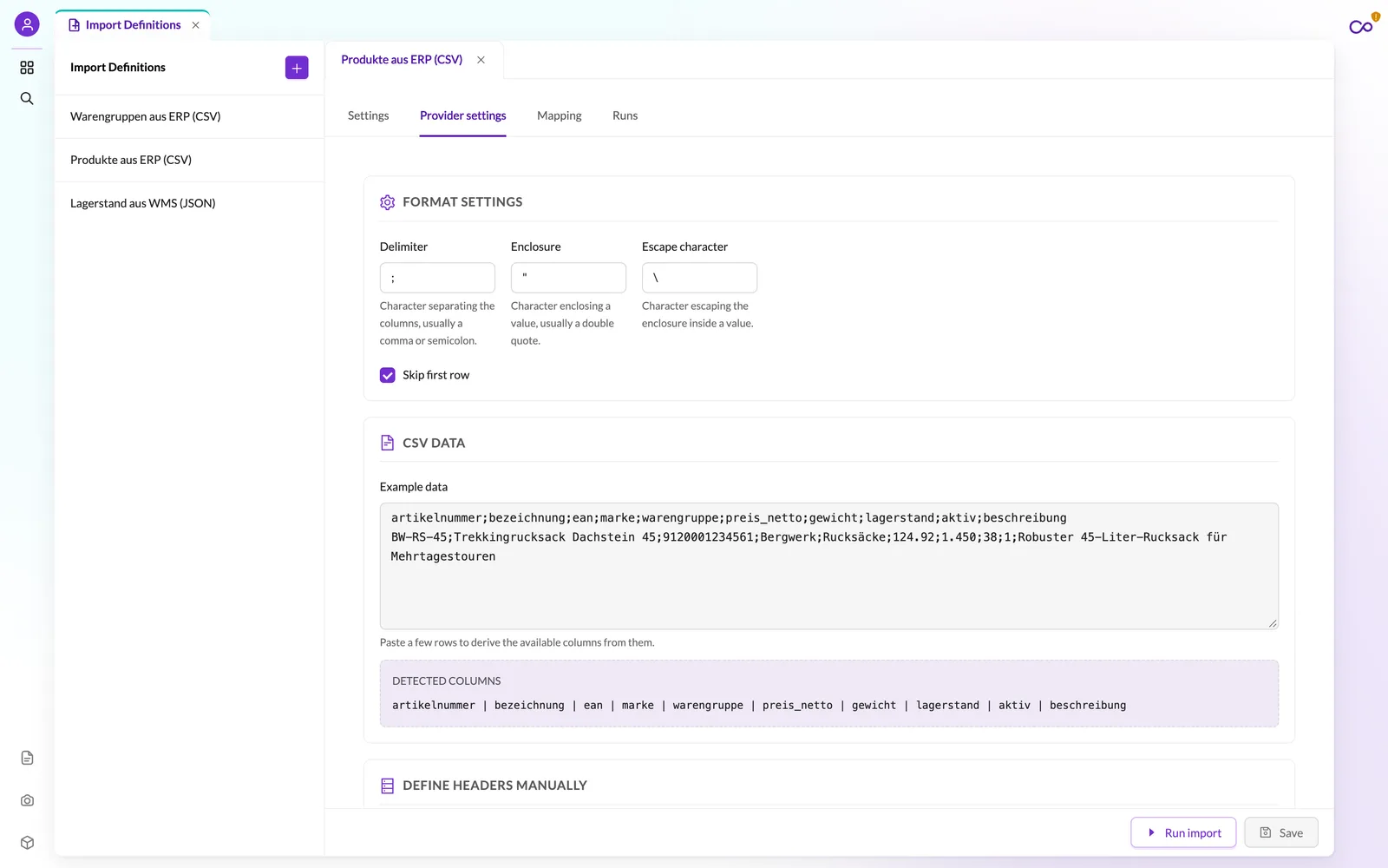 Reiter Provider settings: CSV mit Trennzeichen Semikolon, Beispielzeile eines Bergwerk-Artikels und erkannte Spalten