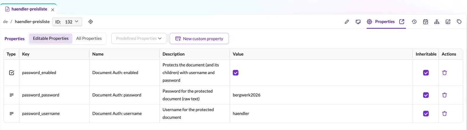 Reiter Eigenschaften der Seite haendler-preisliste in Pimcore Studio: password_enabled angehakt, Benutzername haendler, Passwort bergwerk2026, alle drei vererbbar
