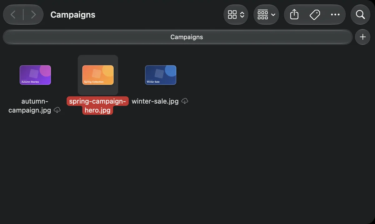 Ein Pimcore-Laufwerk im Finder auf macOS: Ordner Campaigns mit drei Bildern, Wolkensymbol für noch nicht geladene Dateien