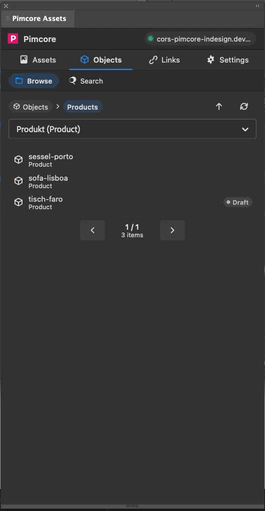 Panel in InDesign, Reiter Objects: Objektbaum mit Klassenfilter