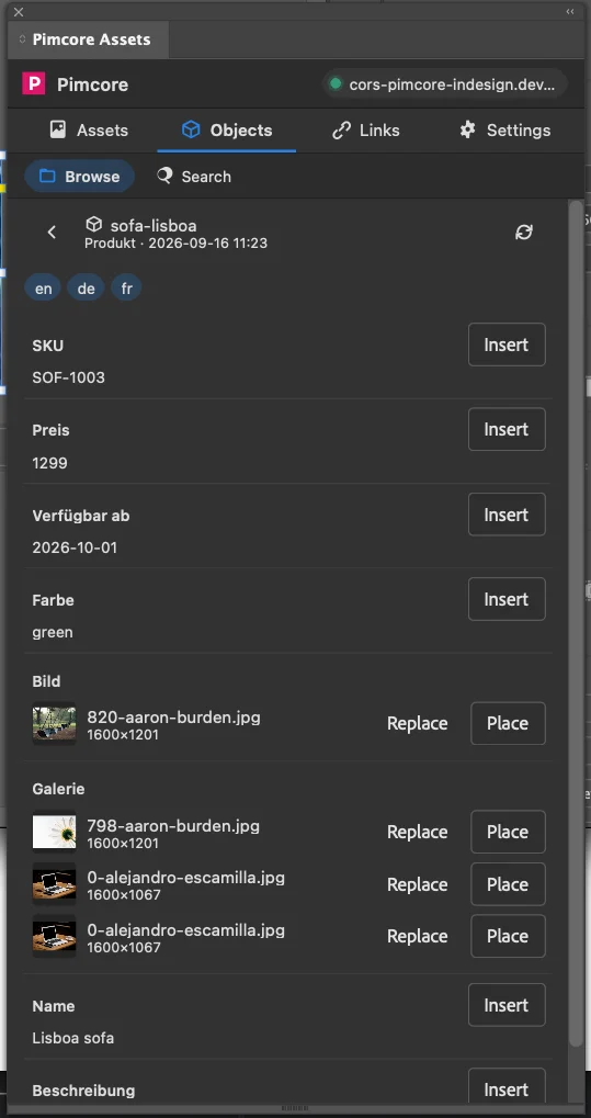 Panel in InDesign: Datenobjekt Sofa Lisboa mit Feldern wie SKU, Preis und Farbe, je mit Insert, Bilder mit Place und Replace