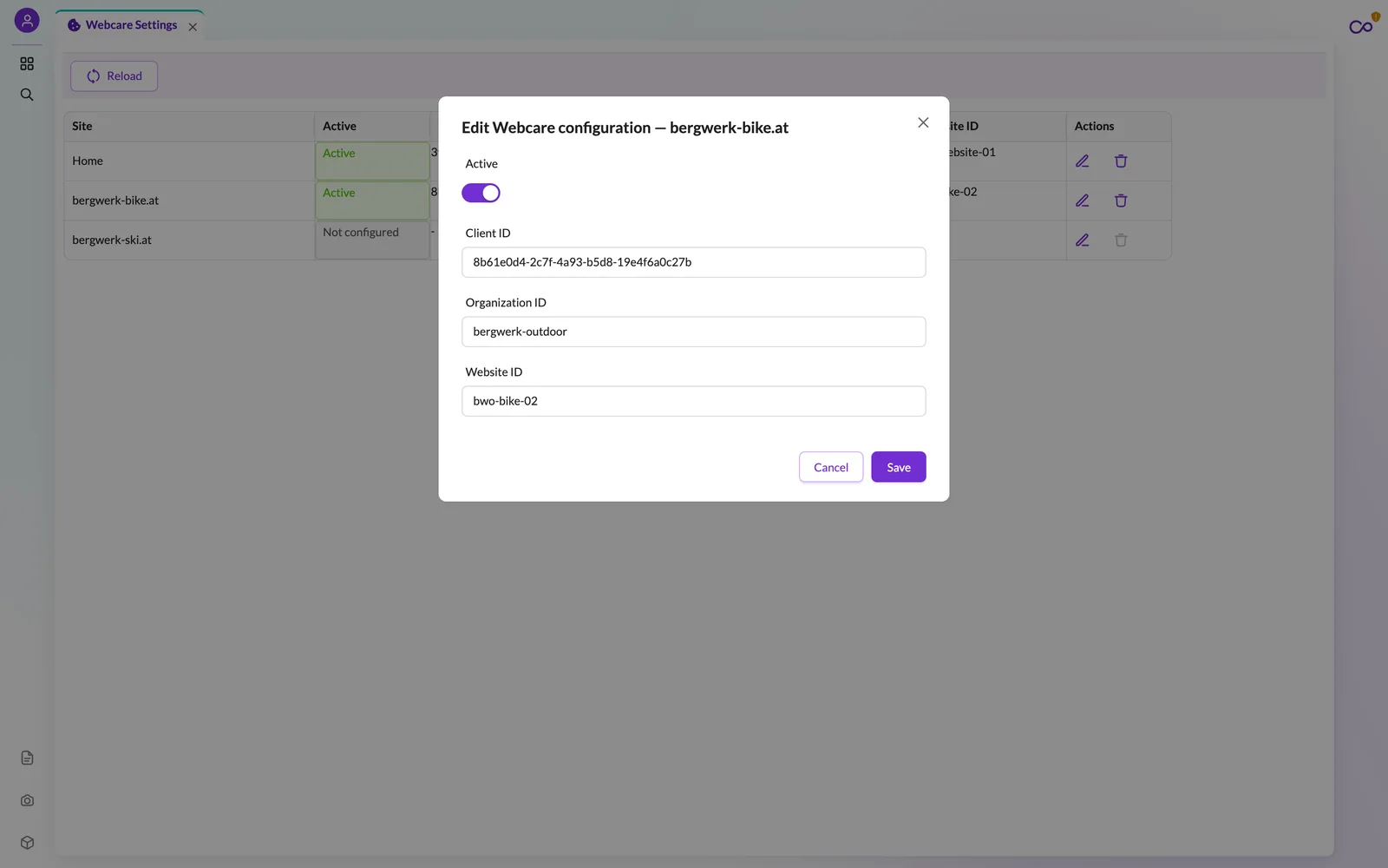 Dialog WebCare-Konfiguration bearbeiten für bergwerk-bike.at mit Schalter Aktiv und den Feldern Client ID, Organization ID und Website ID
