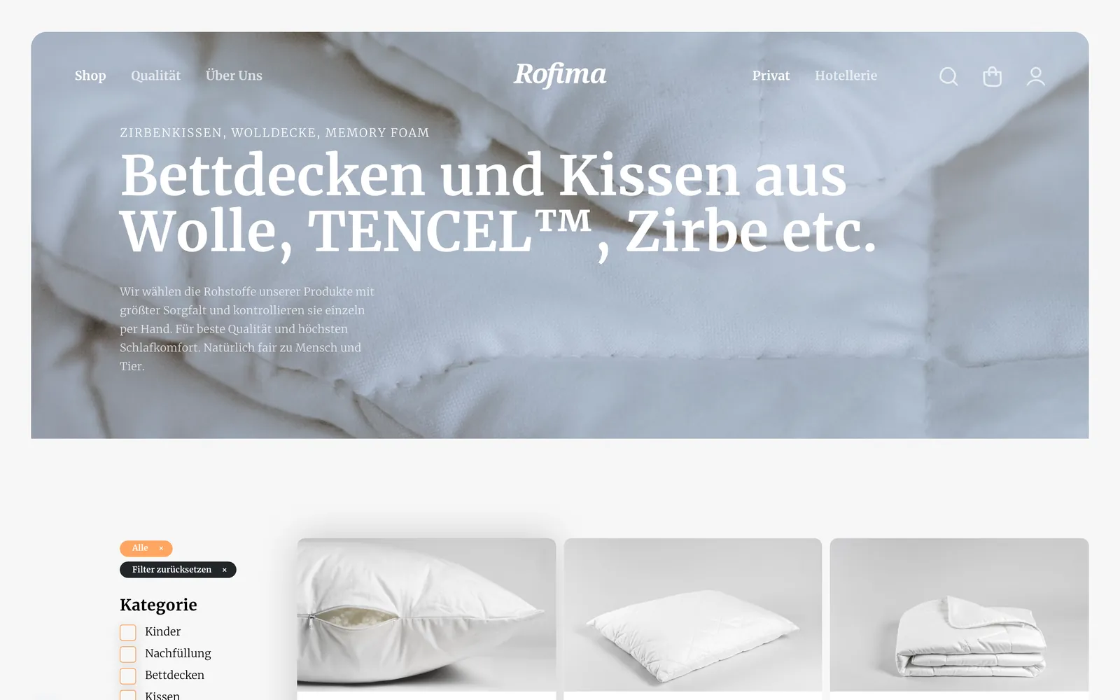 Shop von Rofima mit Bettdecken und Kissen